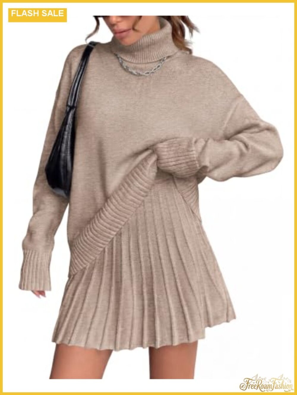 Women 2 Piece Sweater Skirt Set Turtleneck Pullover Pleated Mini Skirt